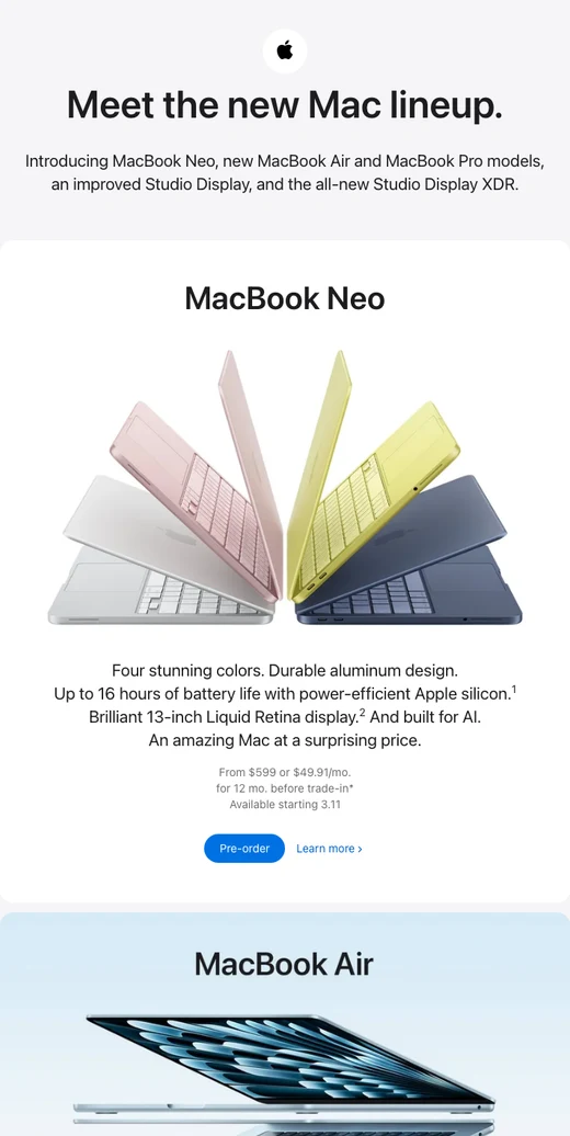 MacBook Neo、MacBook Air、MacBook Pro 与 Studio Display 新品发布。