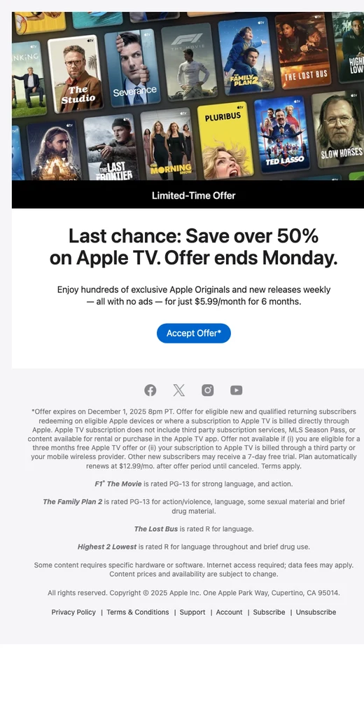 最后机会：Apple TV 6 个月优惠，省超 50%。