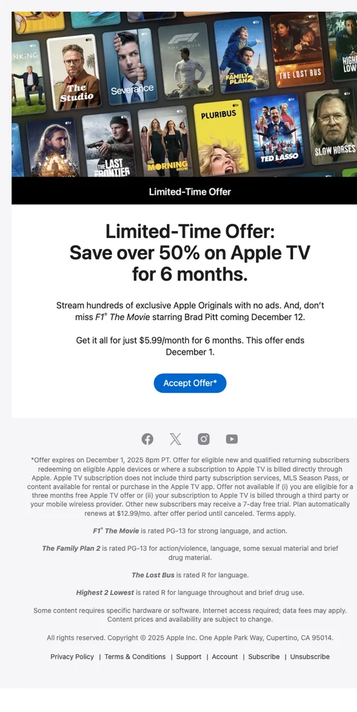 限时优惠：Apple TV 6 个月省超 50%。