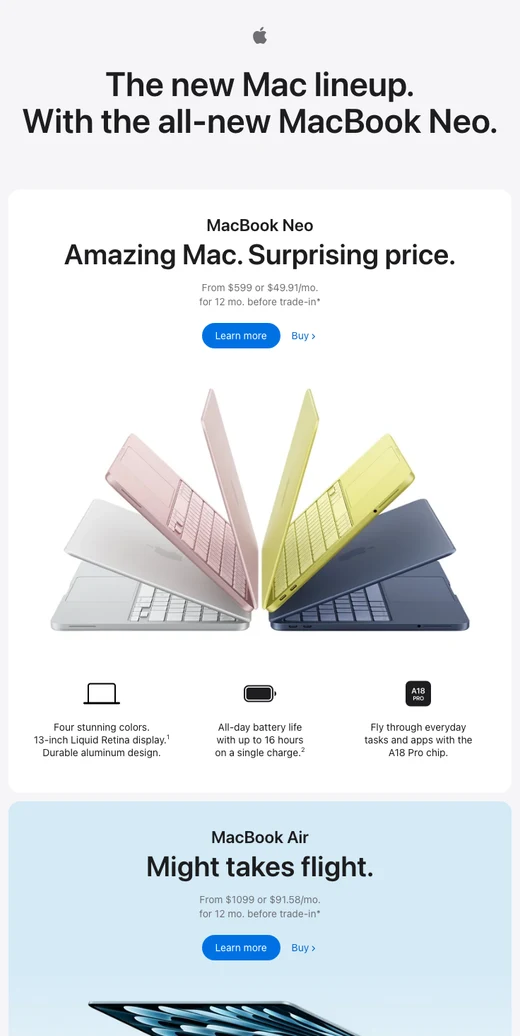 全新 MacBook Neo、Studio Display XDR 及多款 Mac 新品现已发售。