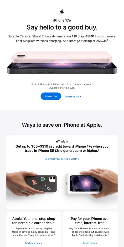 全新 iPhone 17e 现已开启预购。